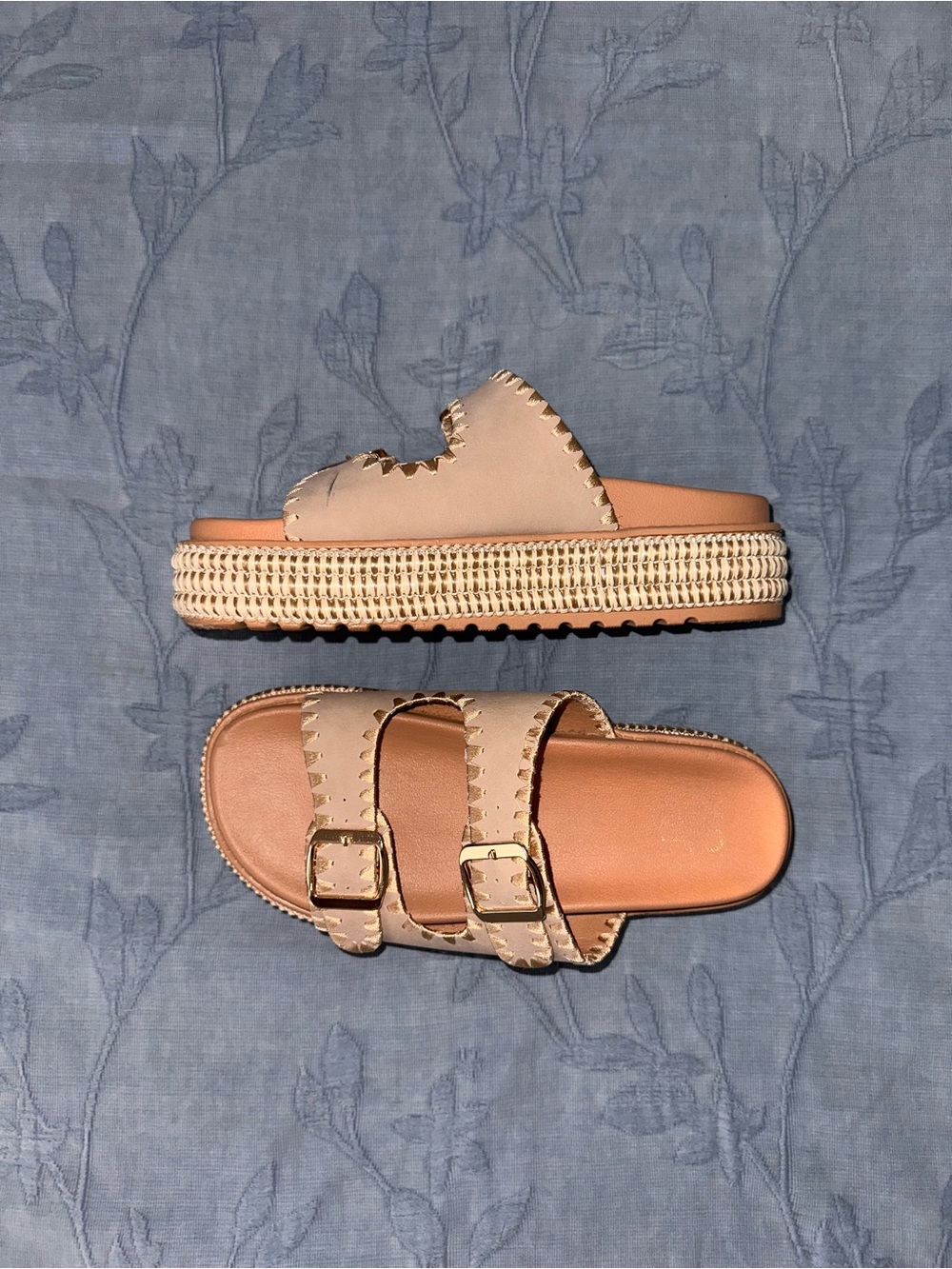 Woven Platform Slide Sandals in Beige